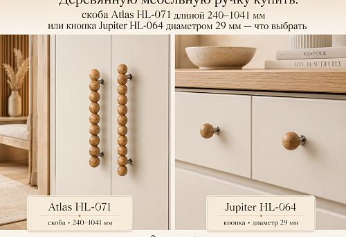 Wooden furniture handles Atlas HL-071 and Jupiter HL-064 &mdash; comparison of a long bar and a compact knob