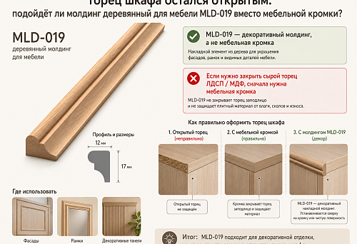 Wooden furniture molding MLD-019 on the open end of a cabinet instead of furniture edge banding