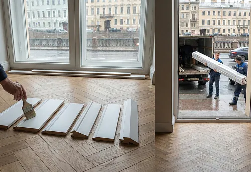 MDF moldings for painting in an apartment &mdash; layout of skirting boards of different profiles before installation