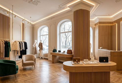 Stucco decor and wooden slats for a showroom and boutique: how to design a commercial interior in a unified style