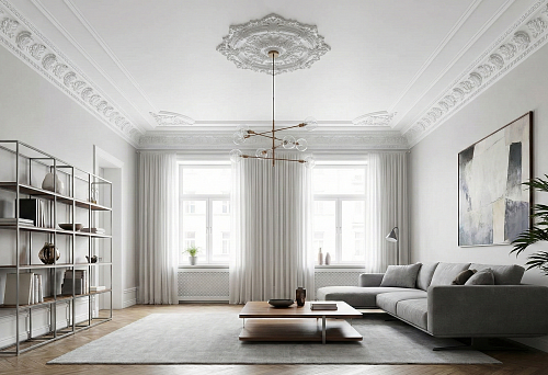 Modern living room furniture and polyurethane stucco on the ceiling: a combination of eras in a light interior