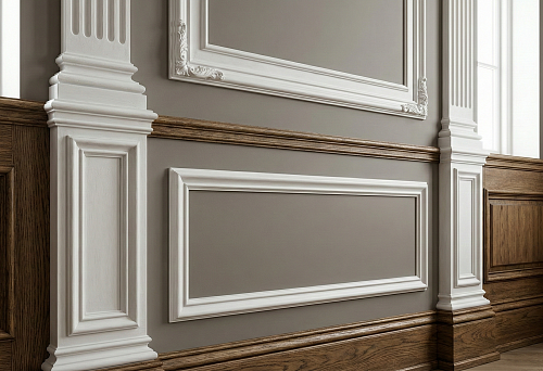 Wall finishing with polyurethane moldings and wooden panels