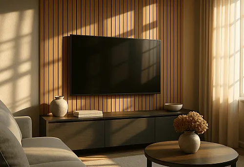Modern living room with MDF panel with groove behind the TV