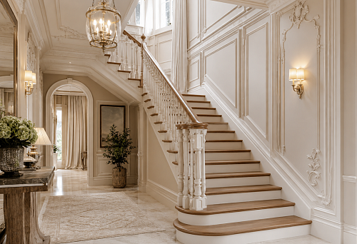 Staircase hall with balusters, railings, moldings and stucco in one style