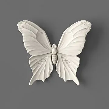 Molded decor NPU-479 from polyurethane in the form of a white butterfly, close-up