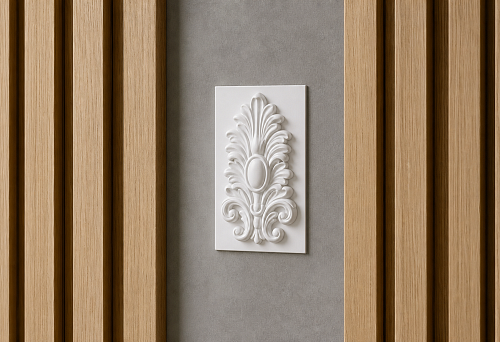 Decorative overlay NPU-190 50 &times; 82 mm on microcement between slatted panels