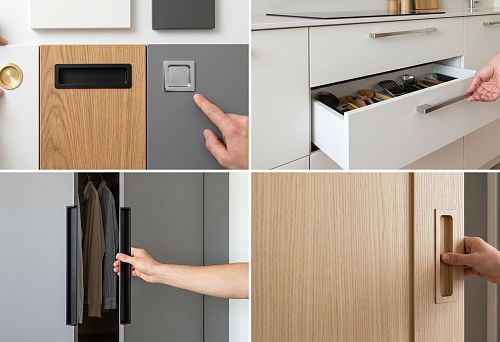 Inset furniture handles on kitchen facades, cabinets, or sliding doors
