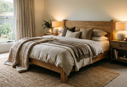 Solid wood bed with a high wooden headboard in a cozy bedroom with warm light