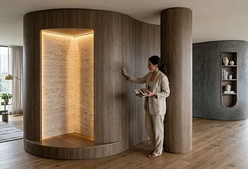 Finishing with flexible panels in an interior featuring a radius wall, column, and complex-shaped niche