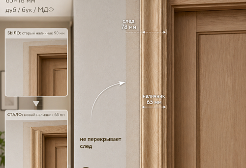 Wooden door casing MLD-050 65&times;18 mm on a new door opening with a 78 mm mark from the old casing