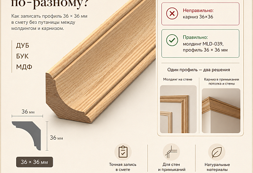 Wooden molding MLD-039 with a 36 &times; 36 mm profile and correct orientation marking for installation