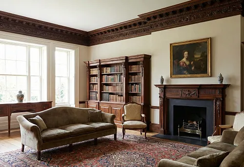Wooden cornices in a classic interior: carved ceiling cornice and solid wood furniture in the living room