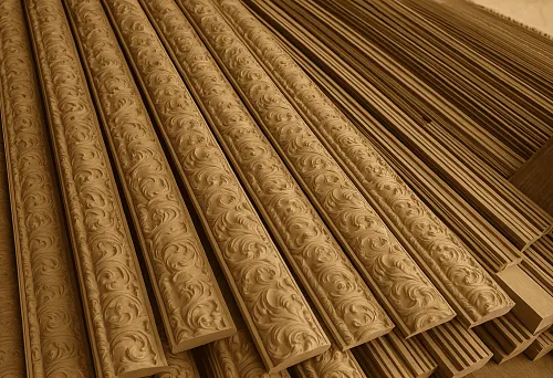 Stack of decorative wooden planks with carved decorative elements