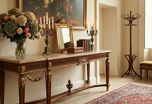 Console in classic style and hallway interior decor: the first impression of the house