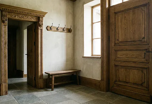 Wooden architrave, floor skirting, and door decor in the hallway &mdash; a coordinated finishing triad in a unified wooden style