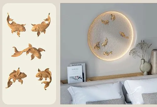 Stylish interior wall decoration with a round panel and built-in lighting, decorated with wooden fish.