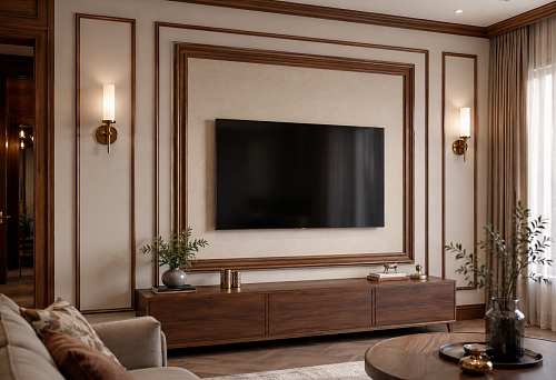 TV zone with wooden baguette and moldings around the TV