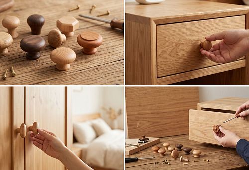 Wooden knob handle for furniture front
