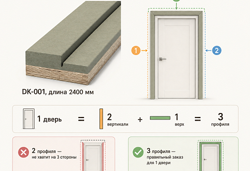 Three sides of a door frame made from DK-001 profile, 2400 mm long, with calculation of the number of blanks