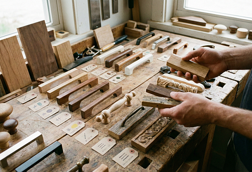Wooden furniture handles of various types on table in workshop &mdash; selection of shape, color and wood species