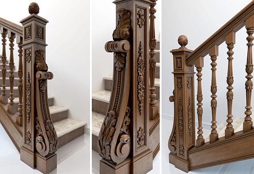 Stair Supports with Carvings and Decorative Elements in Solid Wood