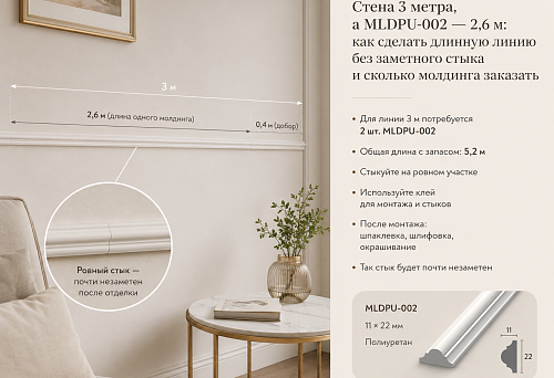 Polyurethane molding MLDPU-002, 2.6 m long, on a 3-meter wall with a neat, invisible joint