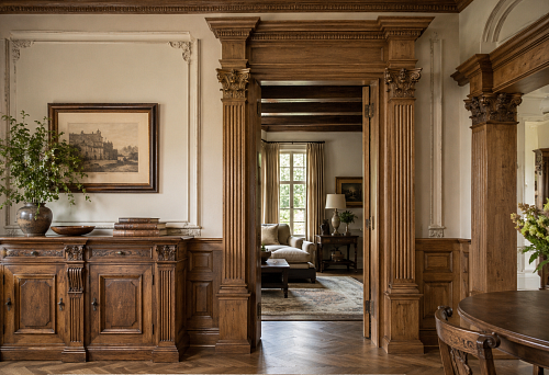 Wooden pilasters and capitals for classic portal design