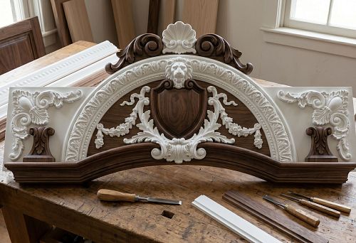 Decorative finial for cabinet and sideboard with wooden decor and polyurethane molding