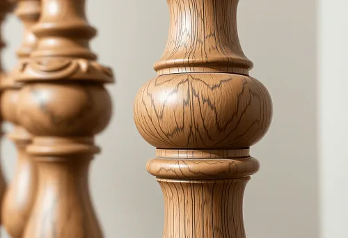 Close-up of a carved wooden baluster used in table construction
