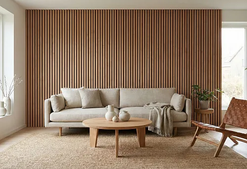Beech slats in interior: slatted wall made of beech lamellas behind the sofa, Scandinavian furniture and light textiles