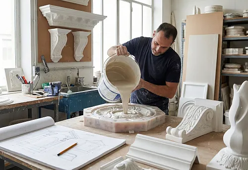 Fabrication of polyurethane stucco from sketches: master pours compound into a decorative rosette mold