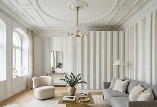 White slatted wall panel and polyurethane ceiling molding in a light living room
