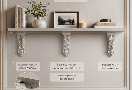 Three decorative brackets KRPU-033 under a shelf 1200&times;260 mm