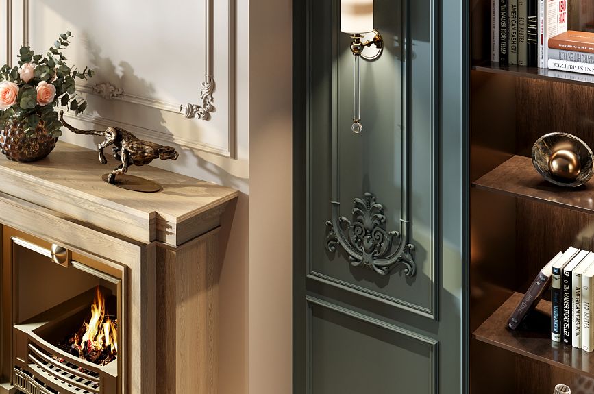 Fragment of fireplace area design: moldings on a light wall, green decorative panel with stucco overlay, sconces, and a wooden shelving unit with lighting.