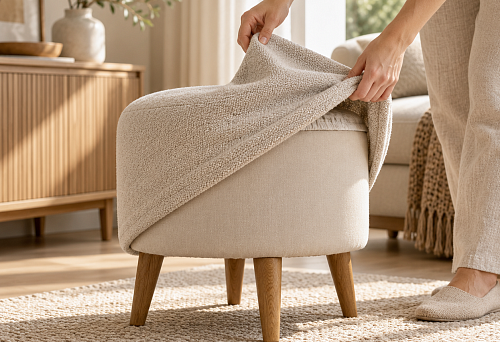 Pouf with removable fabric cover on wooden legs MN-145.2M in room interior