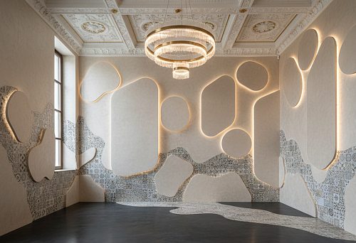 Comprehensive decorative finishing from floor to ceiling: stucco ceiling, wall panels and light lines along the contour