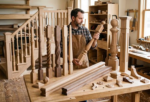 Wooden staircase components: balusters, posts, handrails, and decor