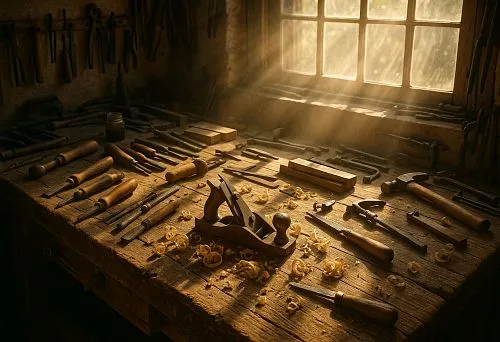 Woodworker's workbench with tools and wood shavings in sunlight