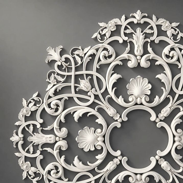 Close-up of the stucco ornament of ceiling rosette RPU.VRS-001 with shells, roses, and leaves