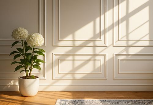 White decorative moldings on the wall in classical style with a pot of white hydrangeas and soft sunlight