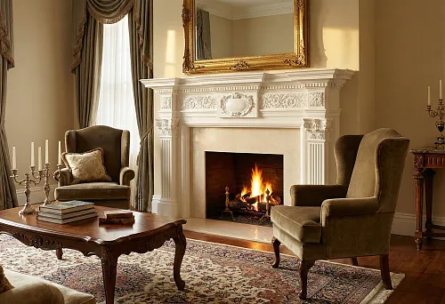 Fireplace area design: white fireplace portal with polyurethane stucco, classic armchairs and a coffee table on a rug