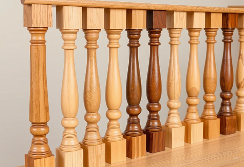 Variety of wooden balusters in different shades and shapes, displayed in a row on a demonstration stand