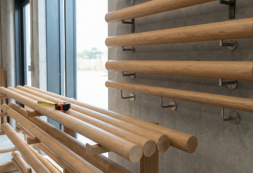 50 mm round wooden wall handrails: installation on metal brackets, demonstration of diameter and surface