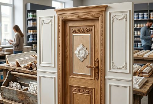 Door decor with wooden casings, handles and polyurethane moldings