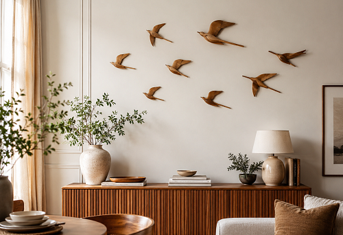Wooden birds on the wall in a living room interior