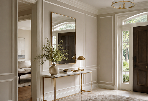 How to choose stucco for the entrance area: moldings, mirror, console, and decor by the door
