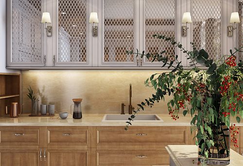Kitchen of 2025 with upper facades featuring mesh inserts, lower modules made of natural wood, and modern hardware