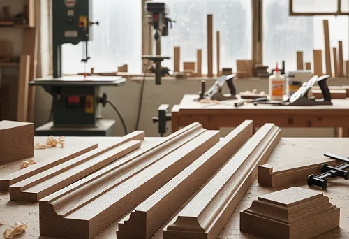 Door trim made of natural wood on the workbench