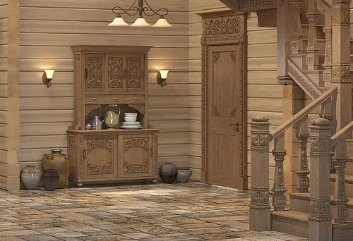Interior in Russian style in a wooden house with carved furniture and staircase
