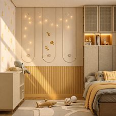 Close-up of the decorative panel PAN-003 on the wall of a children's room in calm beige-golden tones.